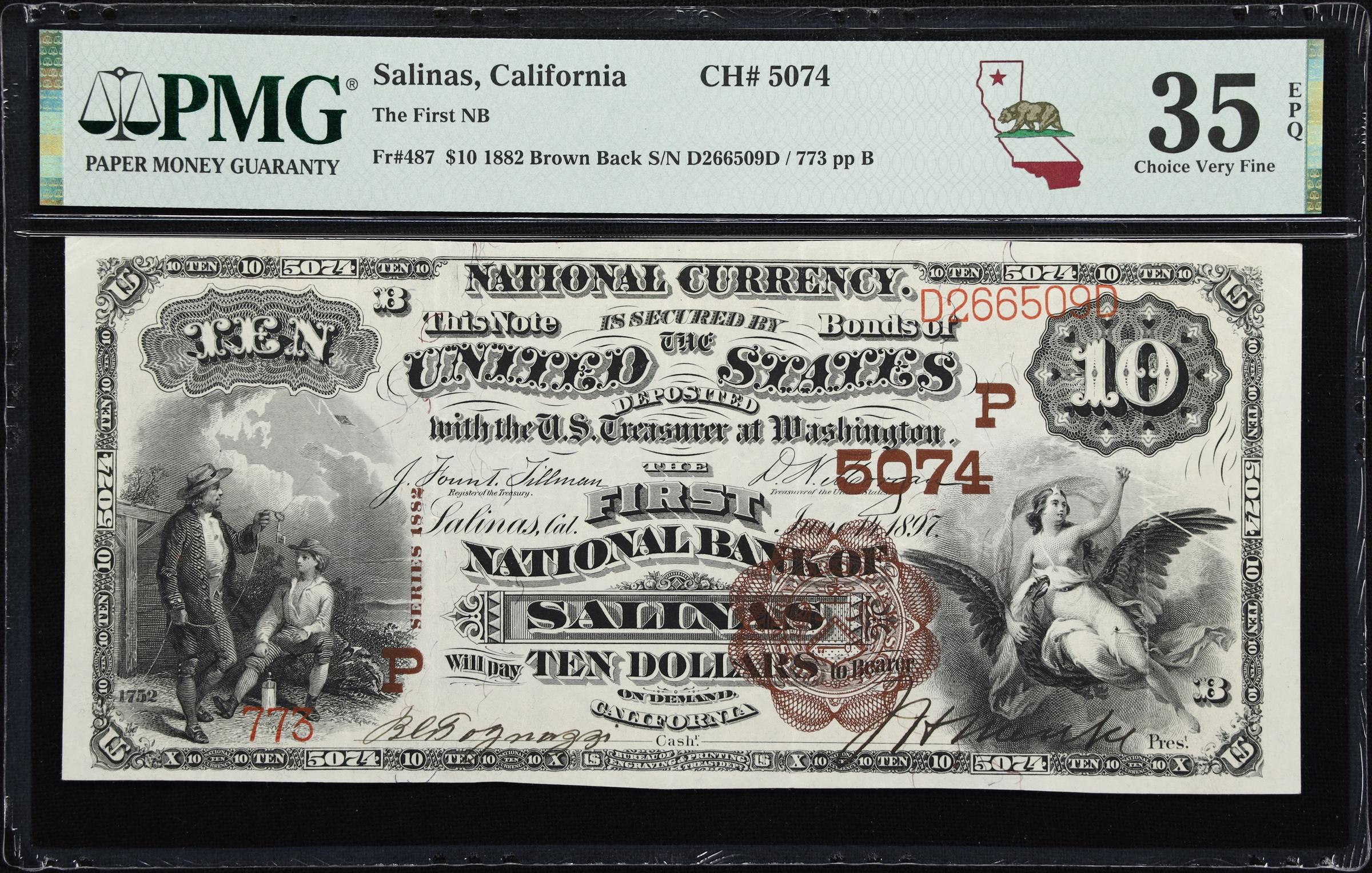 image for: Salinas, California. $10 1882 Brown Back. Fr. 487. First NB. Charter #5074. PMG Choice Very Fine 35 EPQ.
