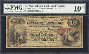image for: San Francisco, California. $10 1870. Fr. 1142. First National Gold Bank. Charter #1741. PMG Very Good 10 Net. Minor Repairs.