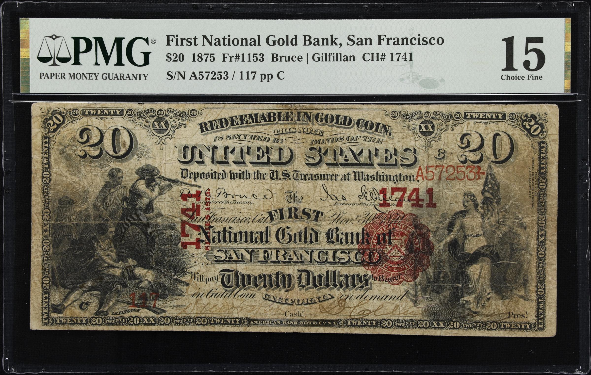 image for: San Francisco, California. $20 1875. Fr. 1153. First National Gold Bank. Charter #1741. PMG Choice Fine 15.