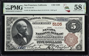 image for: San Francisco, California. $5 1882 Brown Back. Fr. 476. Nevada NB. Charter #5105. PMG Choice About Uncirculated 58 EPQ.