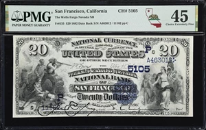 image for: San Francisco, California. $20 1882 Date Back. Fr. 555. Wells Fargo Nevada NB. Charter #5105. PMG Choice Extremely Fine 45.