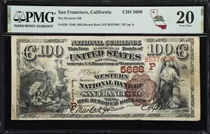 image for: San Francisco, California. $100 1882 Brown Back. Fr. 530. Western NB. Charter #5688. PMG Very Fine 20.