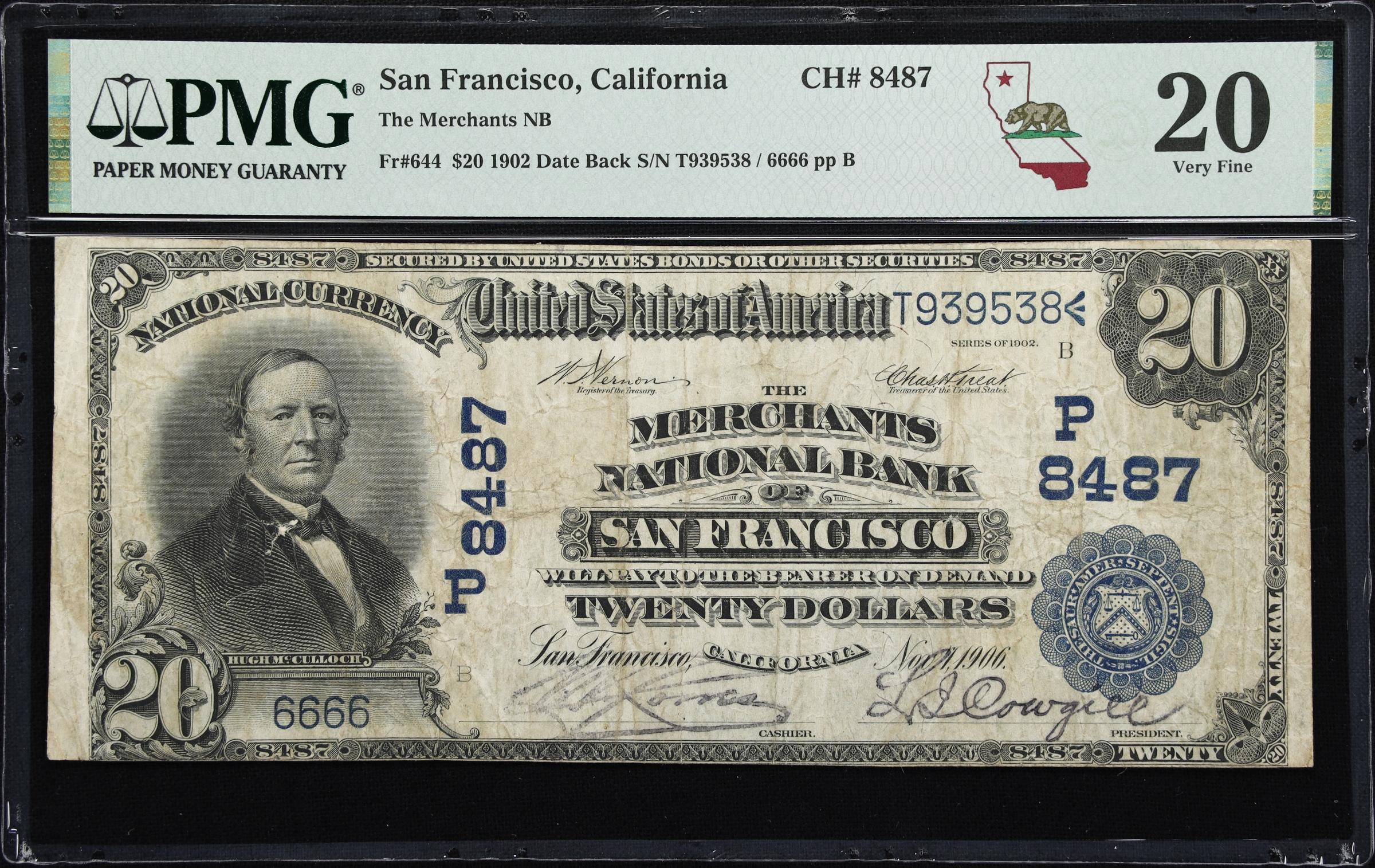 image for: San Francisco, California. $20 1902 Date Back. Fr. 644. Merchants NB. Charter #8487. PMG Very Fine 20. Solid Serial Number.