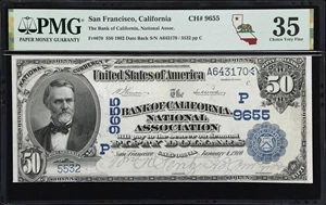 image for: San Francisco, California. $50 1902 Date Back. Fr. 670. Bank of California, National Association. Charter #9655. PMG Choice Very Fine 35.