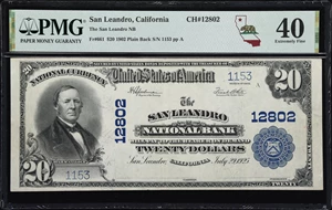 image for: San Leandro, California. $20 1902 Plain Back. Fr. 661. San Leandro NB. Charter #12802. PMG Extremely Fine 40.