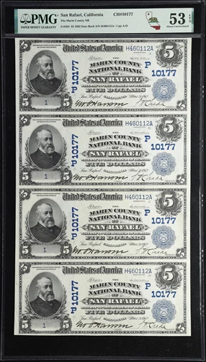 image for: Uncut Sheet of (4) San Rafael, California. $5 1902 Date Back. Fr. 594. Marin County NB. Charter #10177. PMG About Uncirculated 53 EPQ. Serial Number 1.