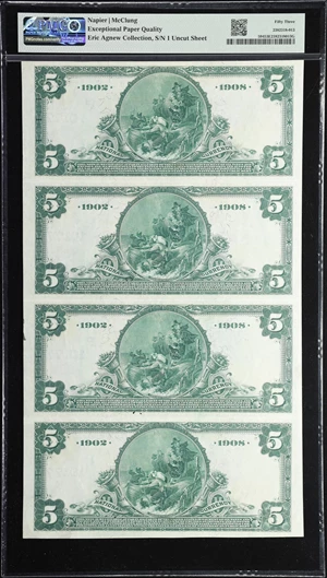 image for: Uncut Sheet of (4) San Rafael, California. $5 1902 Date Back. Fr. 594. Marin County NB. Charter #10177. PMG About Uncirculated 53 EPQ. Serial Number 1.