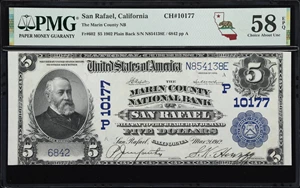 image for: San Rafael, California. $5 1902 Plain Back. Fr. 602. Marin County NB. Charter #10177. PMG Choice About Uncirculated 58 EPQ.