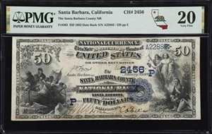 image for: Santa Barbara, California. $50 1882 Date Back. Fr. 563. Santa Barbara County NB. Charter #2456. PMG Very Fine 20.