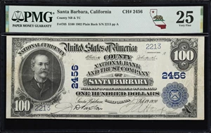 image for: Santa Barbara, California. $100 1902 Plain Back. Fr. 705. County NB & TC. Santa Barbara. Charter #2456. PMG Very Fine 25.