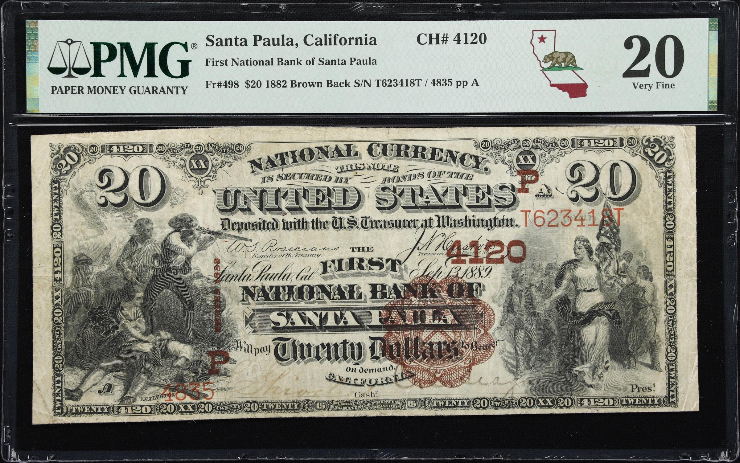 image for: Santa Paula, California. $20 1882 Brown Back. Fr. 498. First National Bank of Santa Paula. Charter #4120. PMG Very Fine 20.