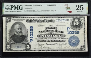 image for: Sonoma, California. $5 1902 Date Back. Fr. 594. First NB. Charter #10259. PMG Very Fine 25.