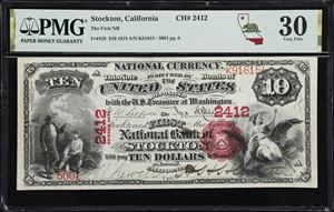 image for: Stockton, California. $10 1875. Fr. 419. First NB. Charter #2412. PMG Very Fine 30.
