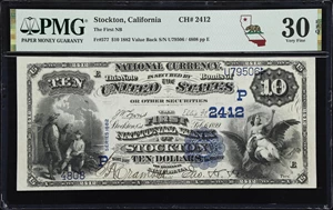 image for: Stockton, California. $10 1882 Value Back. Fr. 577. First NB. Charter #2412. PMG Very Fine 30 EPQ.