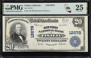 image for: Visalia, California. $20 1902 Plain Back. Fr. 661. New First NB. Charter #12678. PMG Very Fine 25.