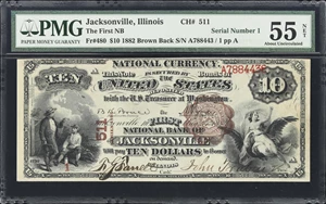 image for: Jacksonville, Illinois. $10 1882 Brown Back. Fr. 480. First NB. Charter #511. PMG About Uncirculated 55 Net. Minor Restoration. Serial Number 1.