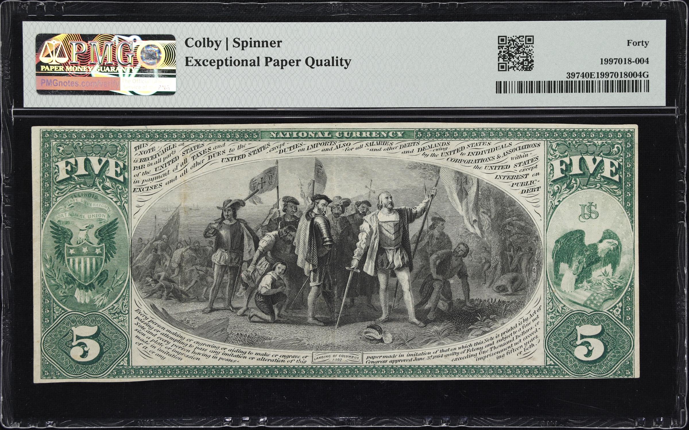 image for: Morris, Illinois. $5 Original. Fr. 397. Grundy County NB. Charter #531. PMG Extremely Fine 40 EPQ. Serial Number 1.