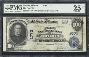 image for: Morris, Illinois. $100 1902 Date Back. Fr. 692. First NB. Charter #1773. PMG Very Fine 25 Net. Ink Burn.