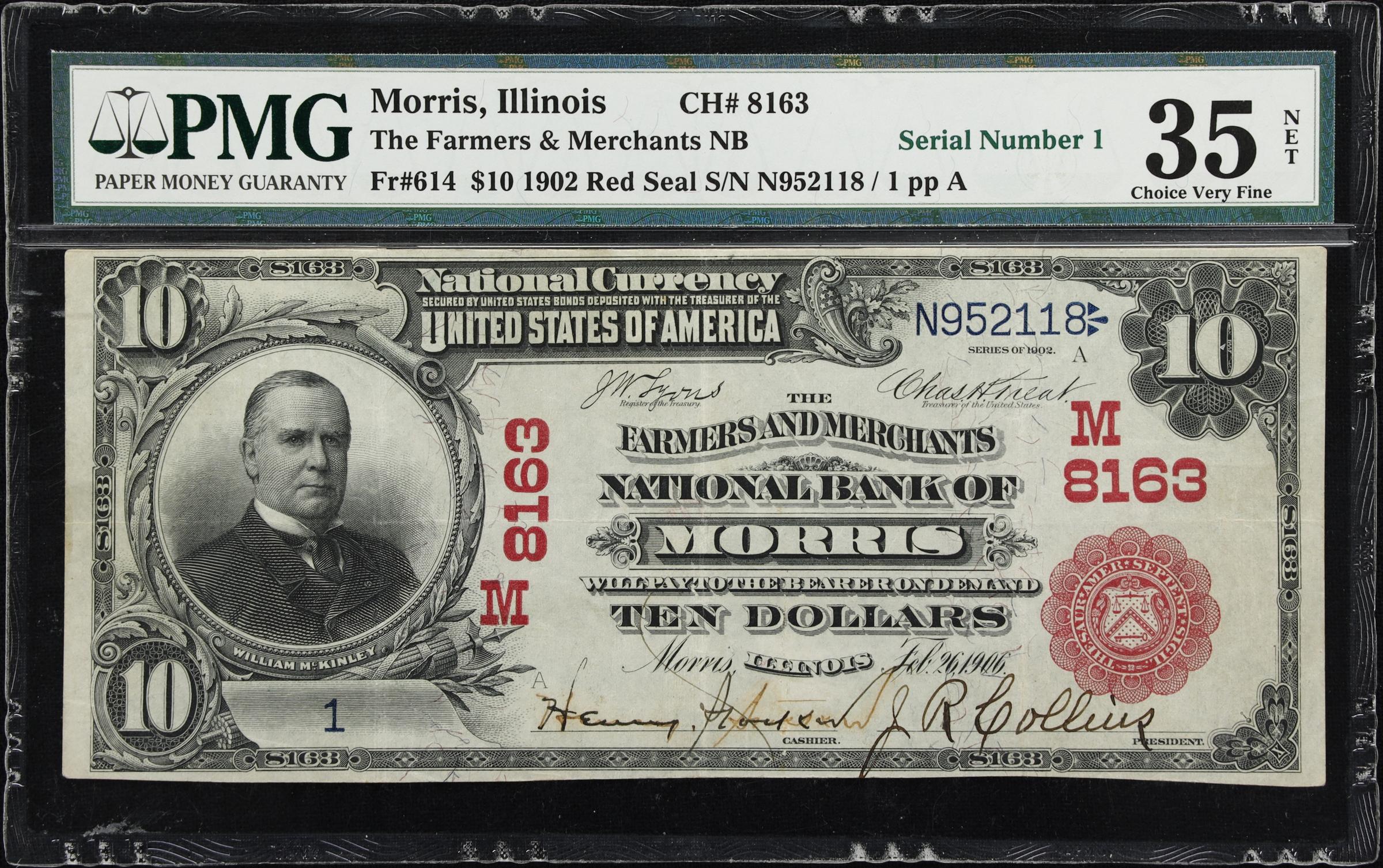 image for: Morris, Illinois. $10 1902 Red Seal. Fr. 614. Farmers & Merchants NB. Charter #8163. PMG Choice Very Fine 35 Net. Serial Number 1. Signature Redrawn.