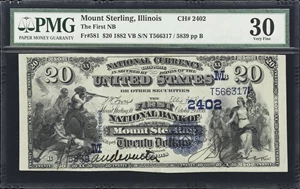 image for: Mount Sterling, Illinois. $20 1882 Value Back. Fr. 581. First NB. Charter #2402. PMG Very Fine 30.