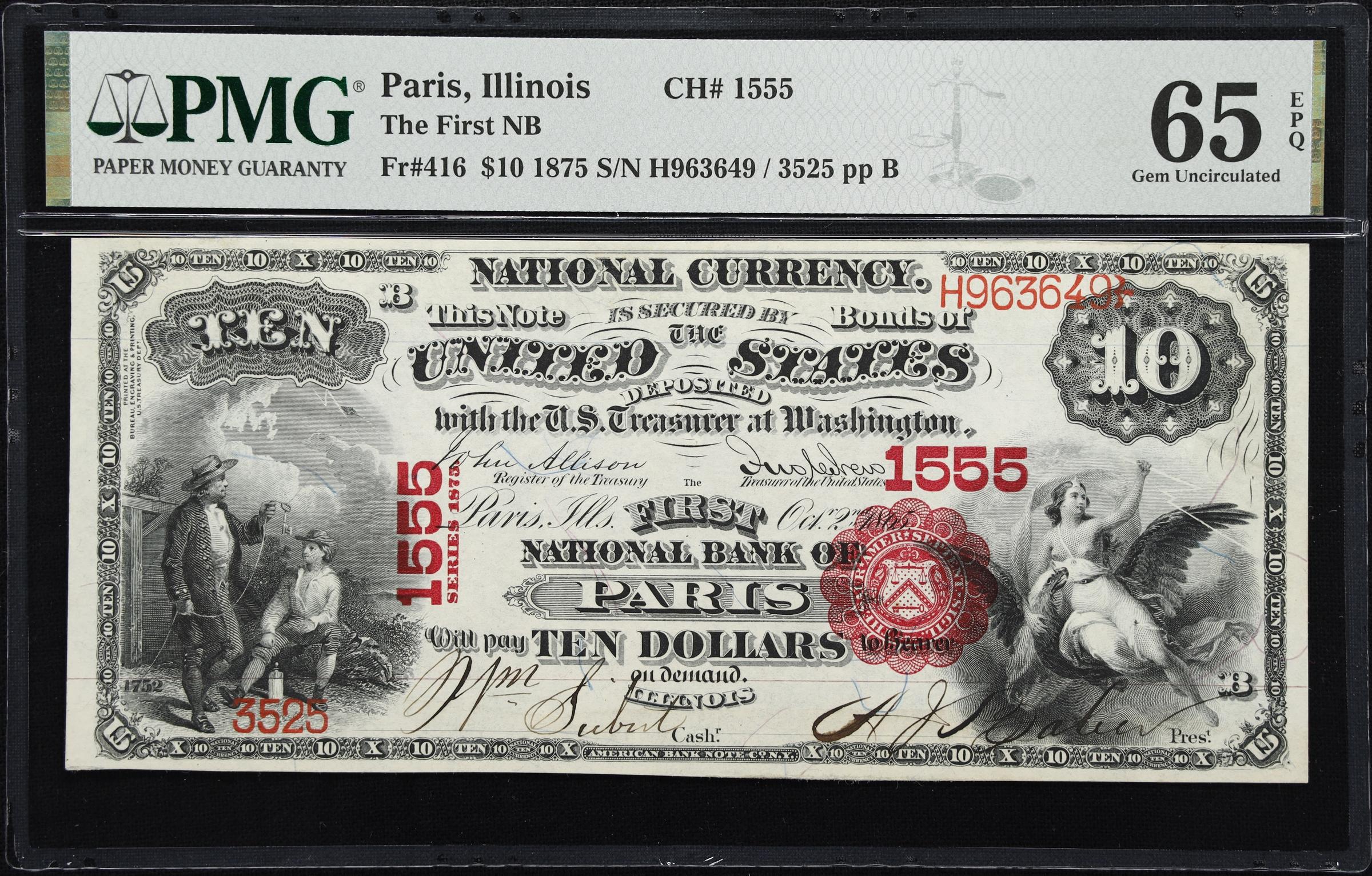 image for: Paris, Illinois. $10 1875. Fr. 416. First NB. Charter #1555. PMG Gem Uncirculated 65 EPQ.