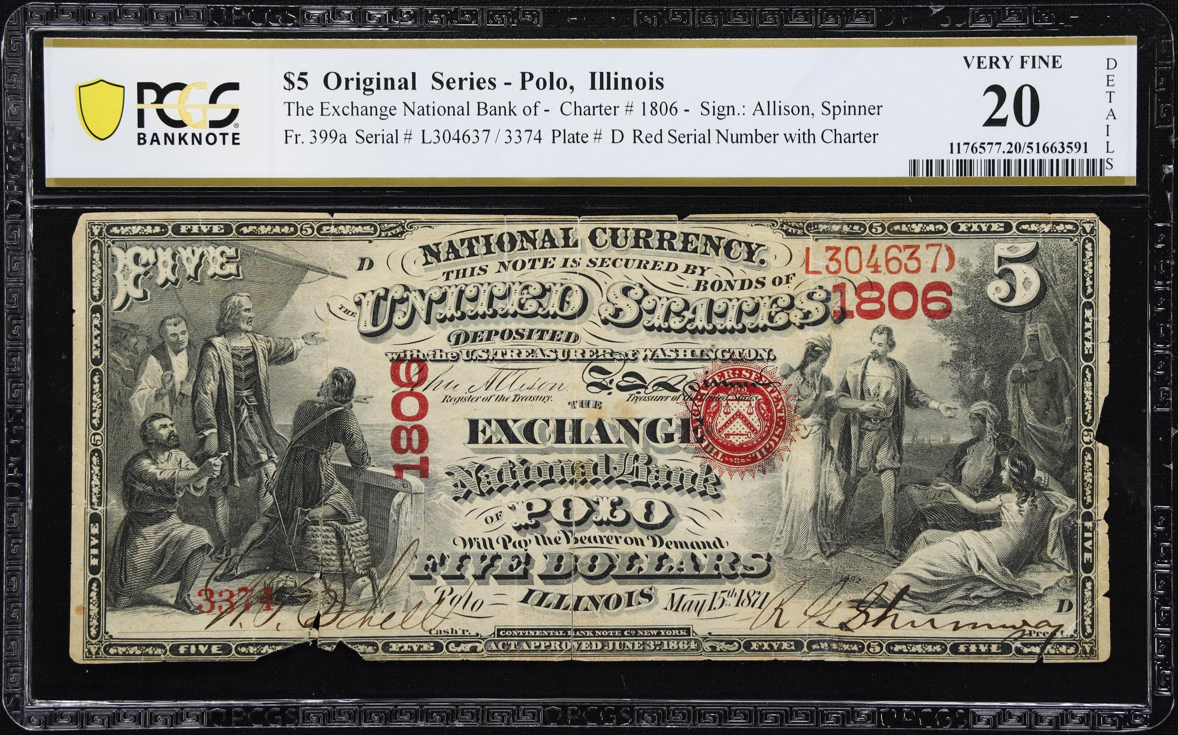 image for: Polo, Illinois. $5 Original. Fr. 399a. Exchange NB. Charter #1806. PCGS Banknote Very Fine 20 Details. Severed & Reattached, Tape Repaired Edge Splits, Design Redrawn, Edge Damage.
