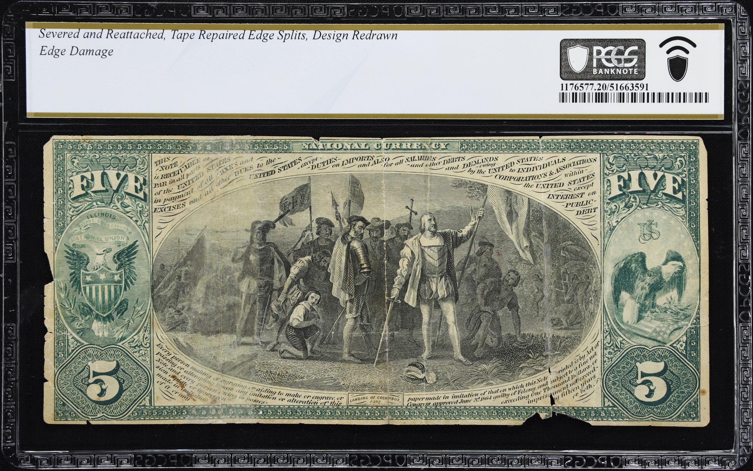 image for: Polo, Illinois. $5 Original. Fr. 399a. Exchange NB. Charter #1806. PCGS Banknote Very Fine 20 Details. Severed & Reattached, Tape Repaired Edge Splits, Design Redrawn, Edge Damage.