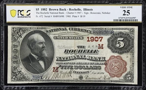 image for: Rochelle, Illinois. $5 1882 Brown Back. Fr. 472. Rochelle NB. Charter #1907. PCGS Banknote Very Fine 25.