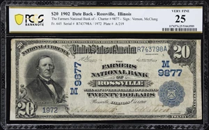 image for: Rossville, Illinois. $20 1902 Date Back. Fr. 645. Farmers NB. Charter #9877. PCGS Banknote Very Fine 25.