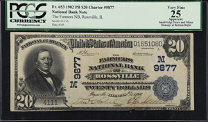 image for: Rossville, Illinois. $20 1902 Plain Back. Fr. 653. Farmers NB. Charter #9877. PCGS Currency Very Fine 25 Apparent. Small Edge Tear and Minor Damage at Bottom Right.
