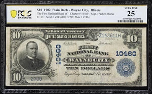 image for: Wayne City, Illinois. $10 1902 Plain Back. Fr. 631. First NB. Charter #10460. PCGS Banknote Very Fine 25.