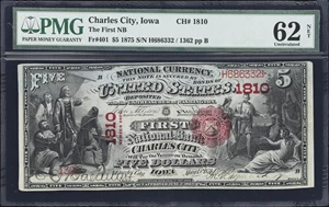 image for: Charles City, Iowa. $5 1875. Fr. 401. First NB. Charter #1810. PMG Uncirculated 62 Net. Previously Mounted, Small Tear.