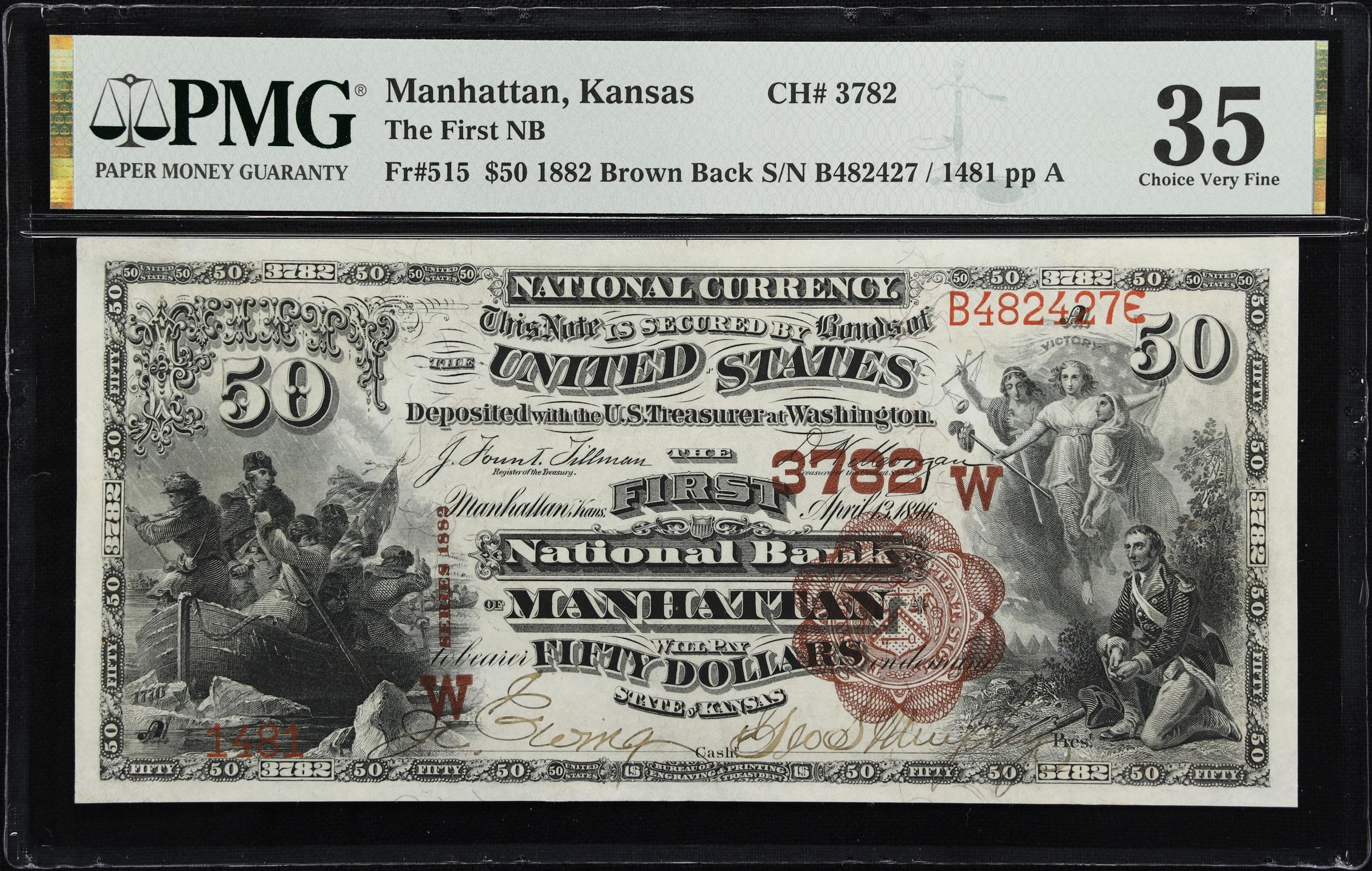 image for: Manhattan, Kansas. $50 1882 Brown Back. Fr. 515. First NB. Charter #3782. PMG Choice Very Fine 35.