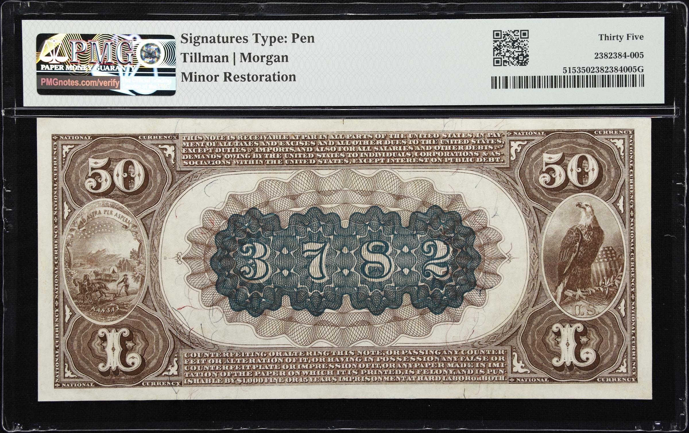 image for: Manhattan, Kansas. $50 1882 Brown Back. Fr. 515. First NB. Charter #3782. PMG Choice Very Fine 35.