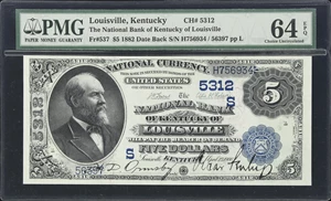 image for: Louisville, Kentucky. $5 1882 Date Back. Fr. 537. NB of Kentucky. Charter #5312. PMG Choice Uncirculated 64 EPQ.