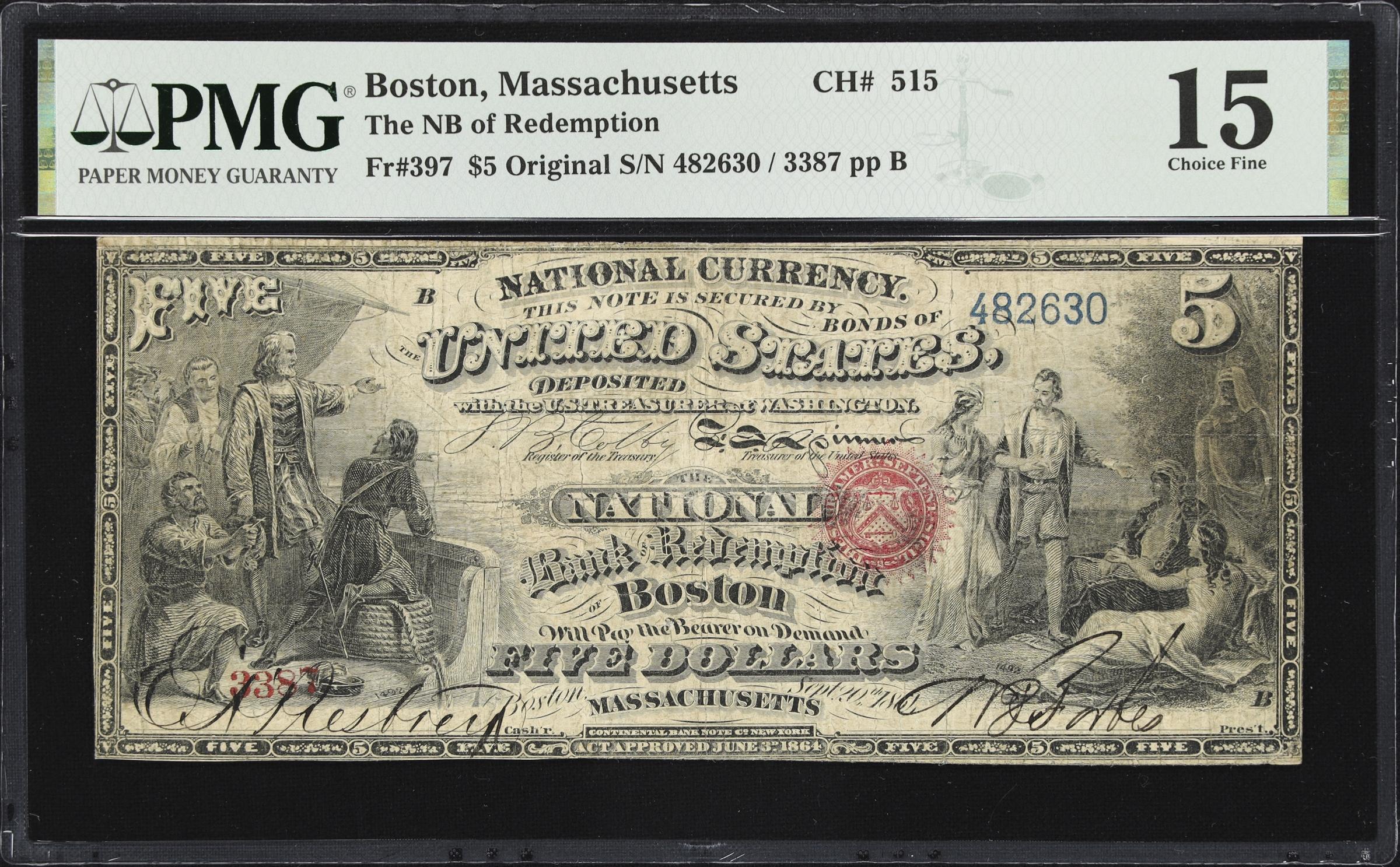 image for: Boston, Massachusetts. $5 Original. Fr. 397. NB of Redemption. Charter #515. PMG Choice Fine 15.