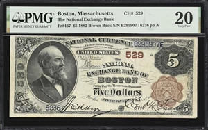 image for: Boston, Massachusetts. $5 1882 Brown Back. Fr. 467. National Exchange Bank. Charter #529. PMG Very Fine 20.