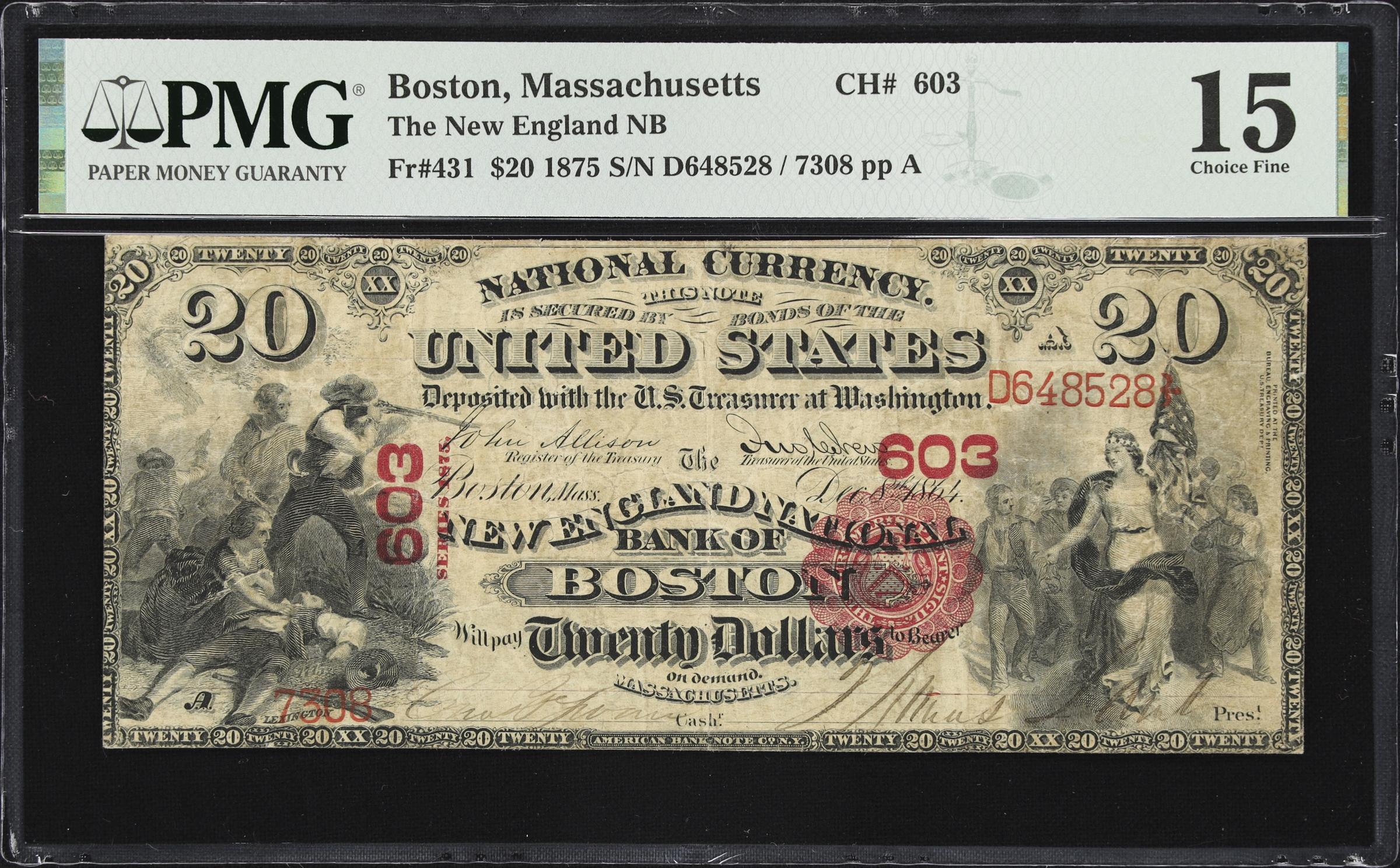 image for: Boston, Massachusetts. $20 1875. Fr. 431. New England NB. Charter #603. PMG Choice Fine 15.