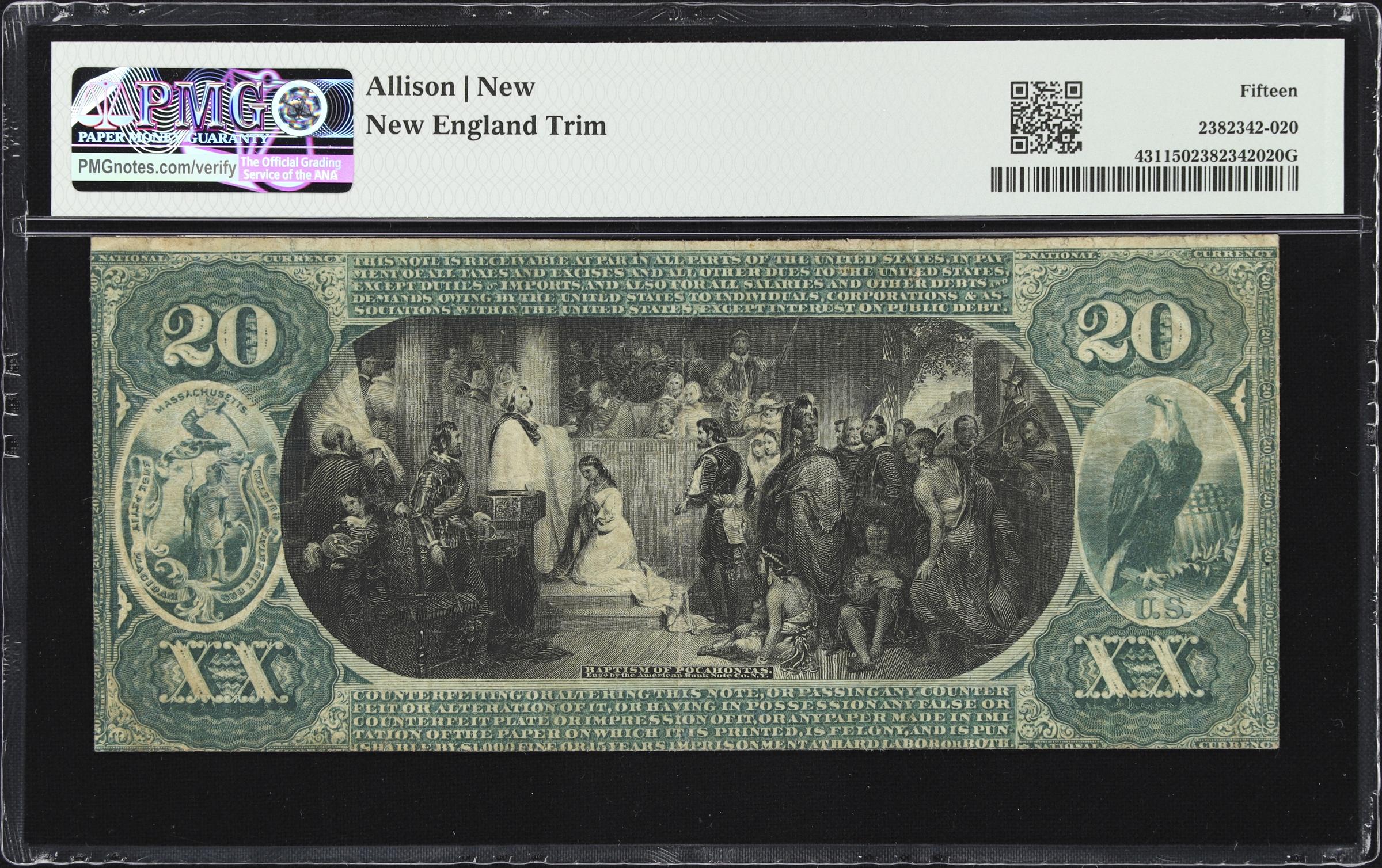 image for: Boston, Massachusetts. $20 1875. Fr. 431. New England NB. Charter #603. PMG Choice Fine 15.