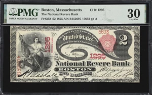 image for: Boston, Massachusetts. $2 1875. Fr. 392. National Revere Bank. Charter #1295. PMG Very Fine 30.