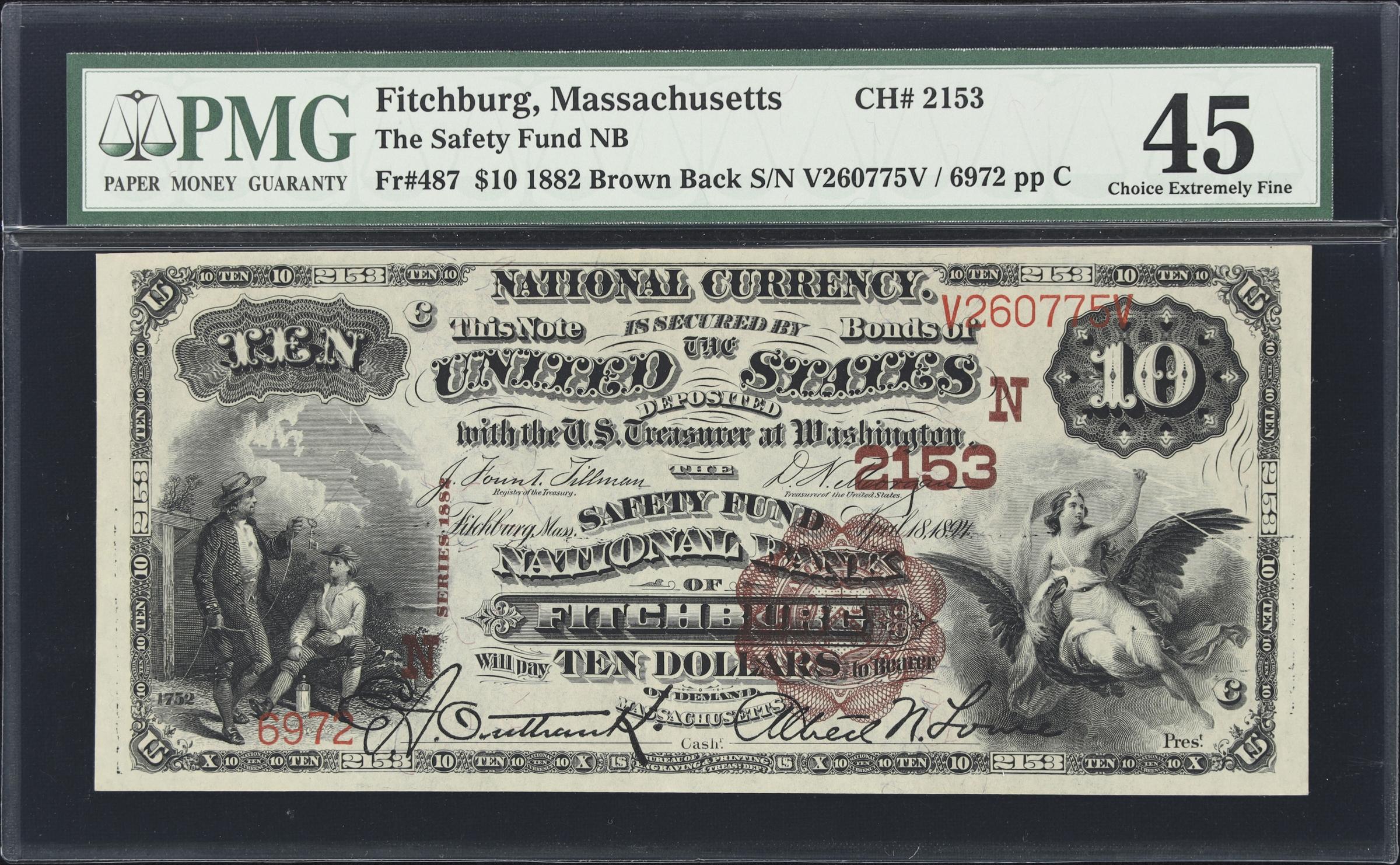 image for: Fitchburg, Massachusetts. $10 1882 Brown Back. Fr. 487. Safety Fund NB. Charter #2153. PMG Choice Extremely Fine 45.