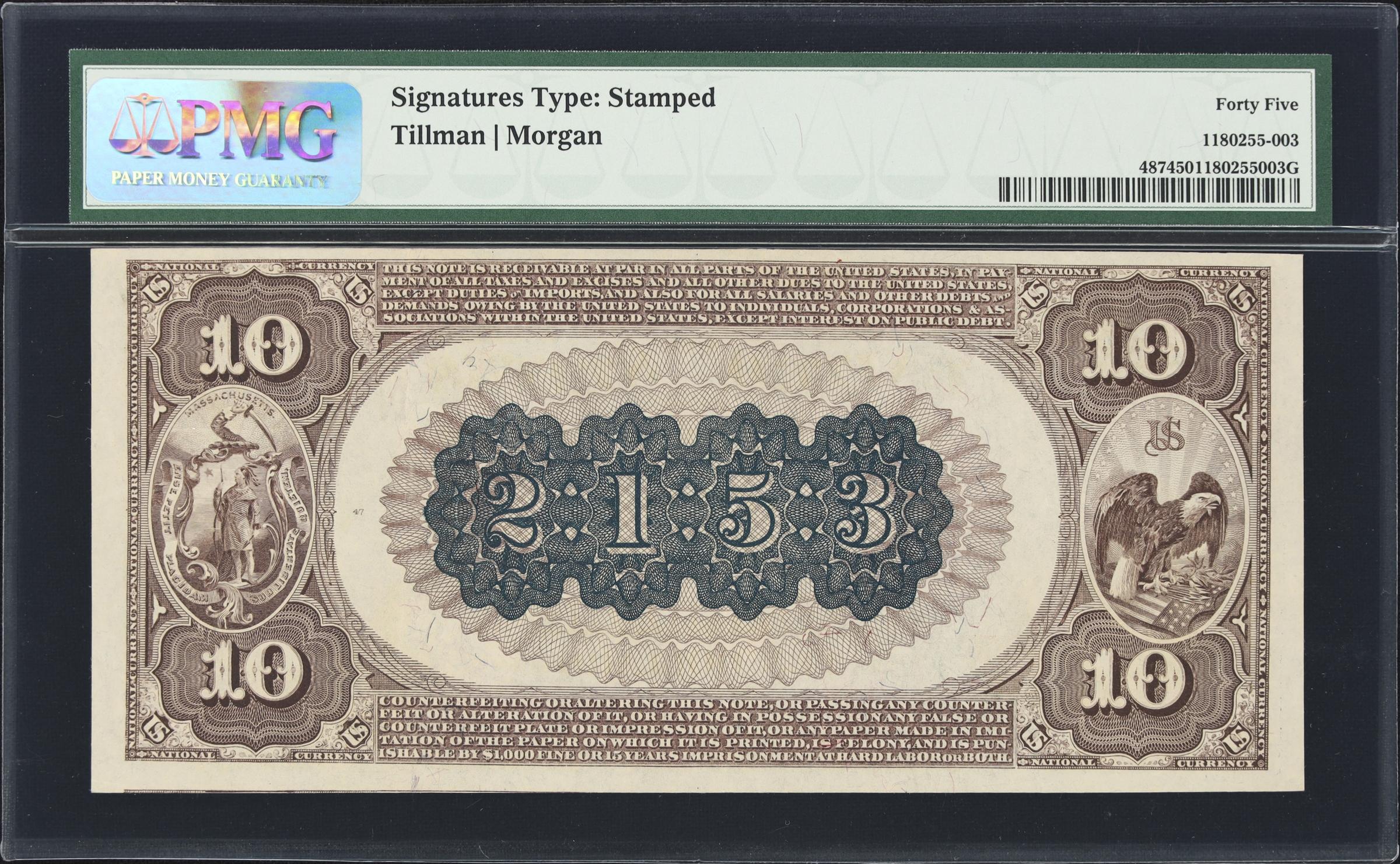 image for: Fitchburg, Massachusetts. $10 1882 Brown Back. Fr. 487. Safety Fund NB. Charter #2153. PMG Choice Extremely Fine 45.