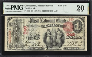 image for: Gloucester, Massachusetts. $1 1875. Fr. 383. First NB. Charter #549. PMG Very Fine 20.