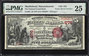image for: Marblehead, Massachusetts. $5 1875. Fr. 401. The National Grand Bank. Charter #676. PMG Very Fine 25. Radar Serial Number.