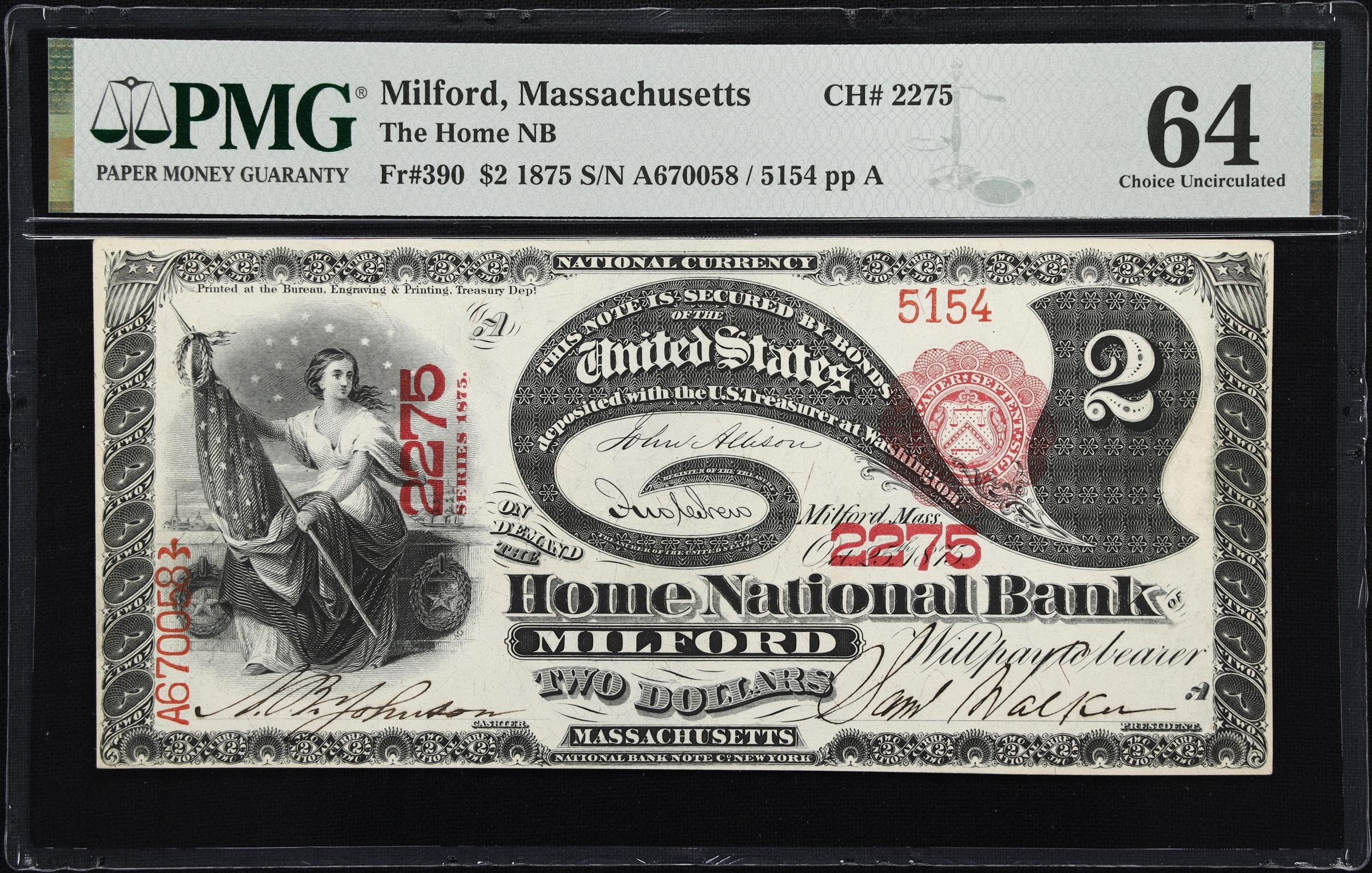 image for: Milford, Massachusetts. $2 1875. Fr. 390. Home NB. Charter #2275. PMG Choice Uncirculated 64.