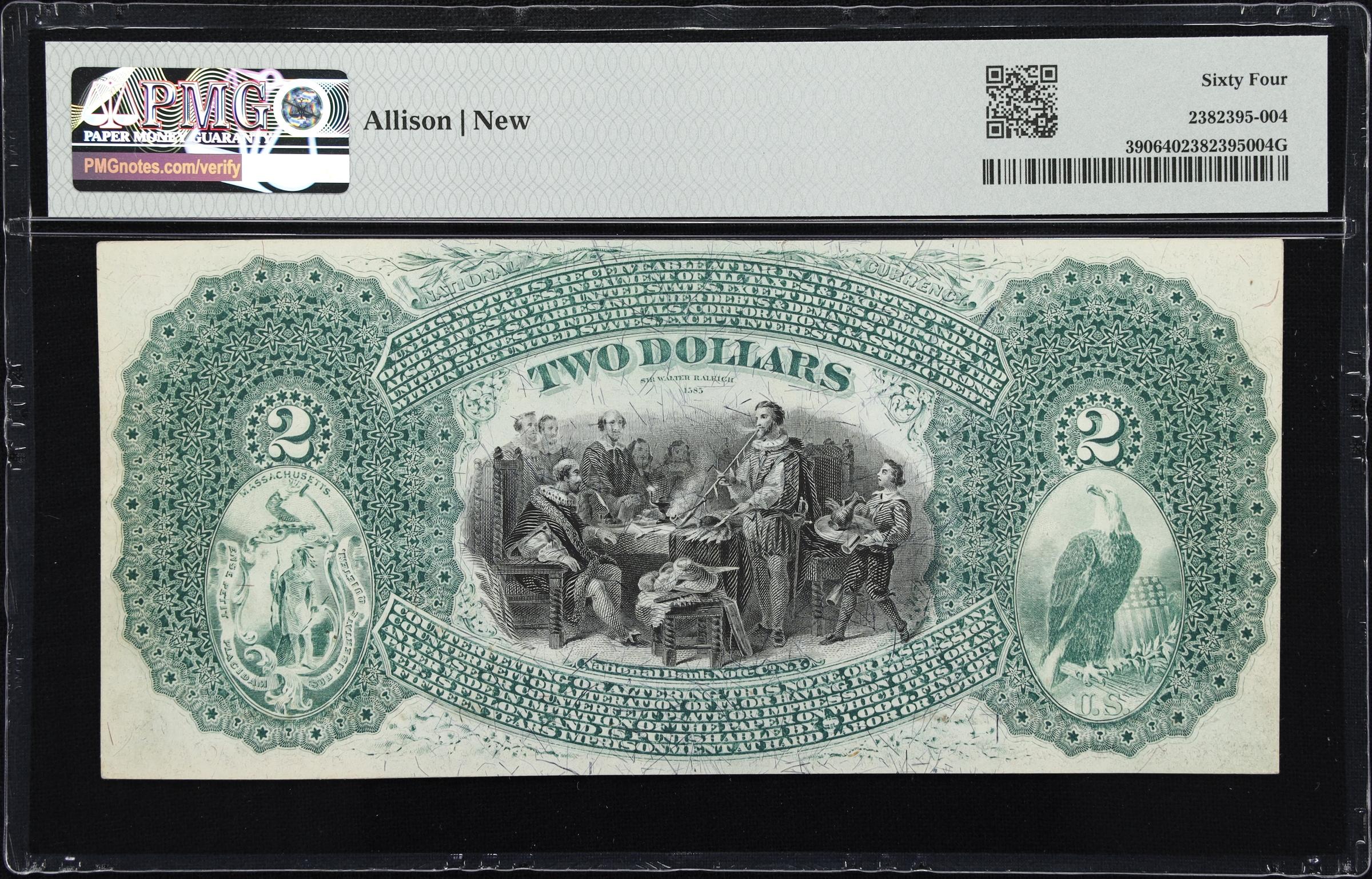 image for: Milford, Massachusetts. $2 1875. Fr. 390. Home NB. Charter #2275. PMG Choice Uncirculated 64.