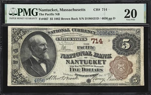 image for: Nantucket, Massachusetts. $5 1882 Brown Back. Fr. 467. Pacific NB. Charter #714. PMG Very Fine 20.