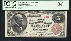 image for: Nantucket, Massachusetts. $5 1882 Brown Back. Fr. 467. Pacific NB. Charter #714. PCGS Currency Very Fine 20.
