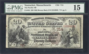 image for: Nantucket, Massachusetts. $20 1882 Brown Back. Fr. 494. Pacific NB. Charter #714. PMG Choice Fine 15.