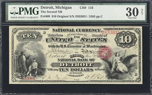image for: Detroit, Michigan. $10 Original. Fr. 409. Second NB. Charter #116. PMG Very Fine 30 Net. Thinning.